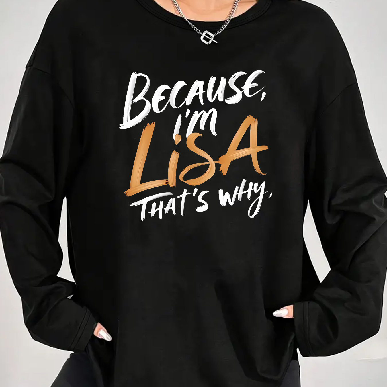 

1pc Women's Casual Crew Neck T-shirt With " I'm " Print, Polyester Knit Fabric, Medium Stretch, Long Sleeve, Top