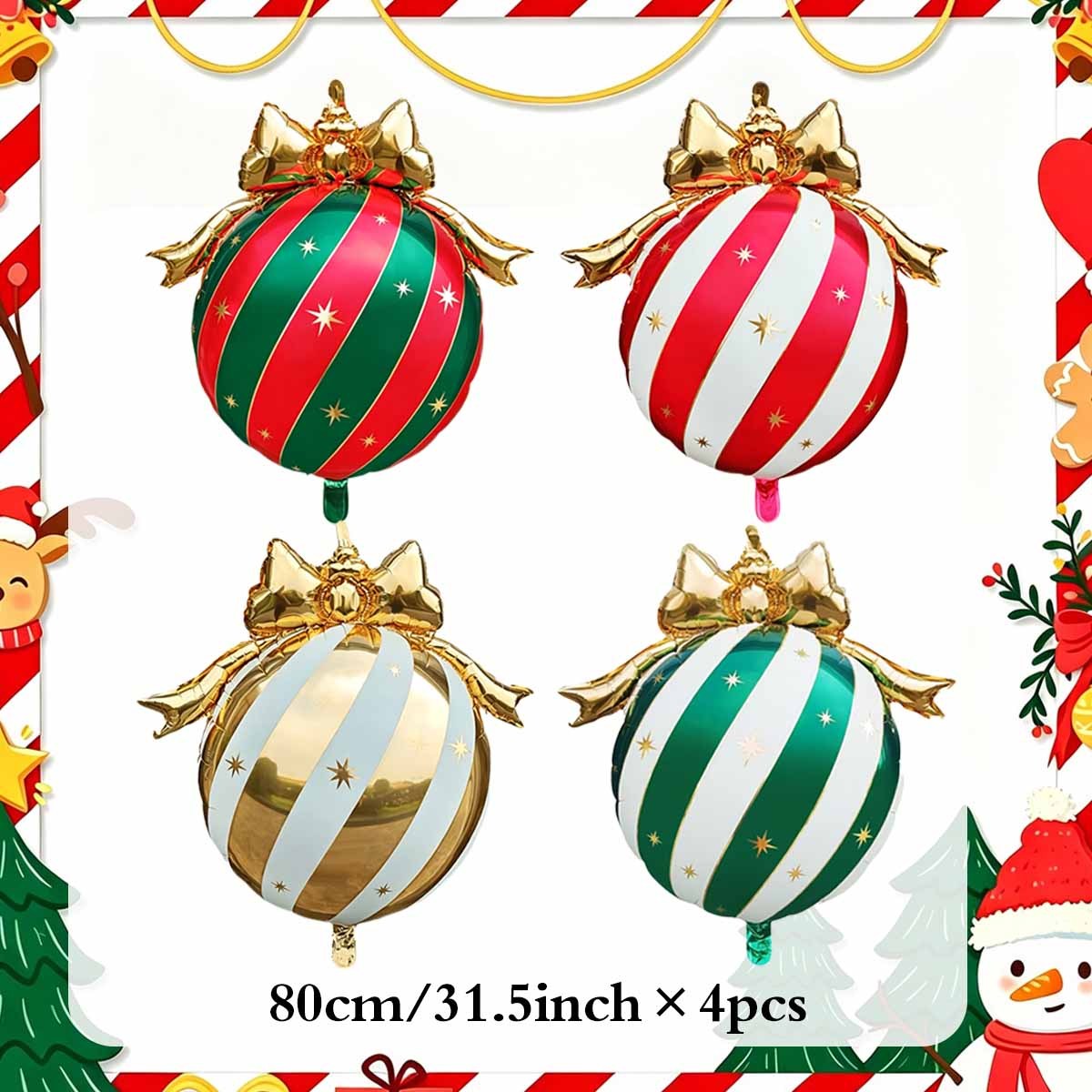 TEMU 4-teiliges Weihnachts-Schleifen-Deko-Ballon-Set, rot-grün-gold-weiß gestreifte dekorative Folienballons, geeignet für Weihnachten, Silvester,