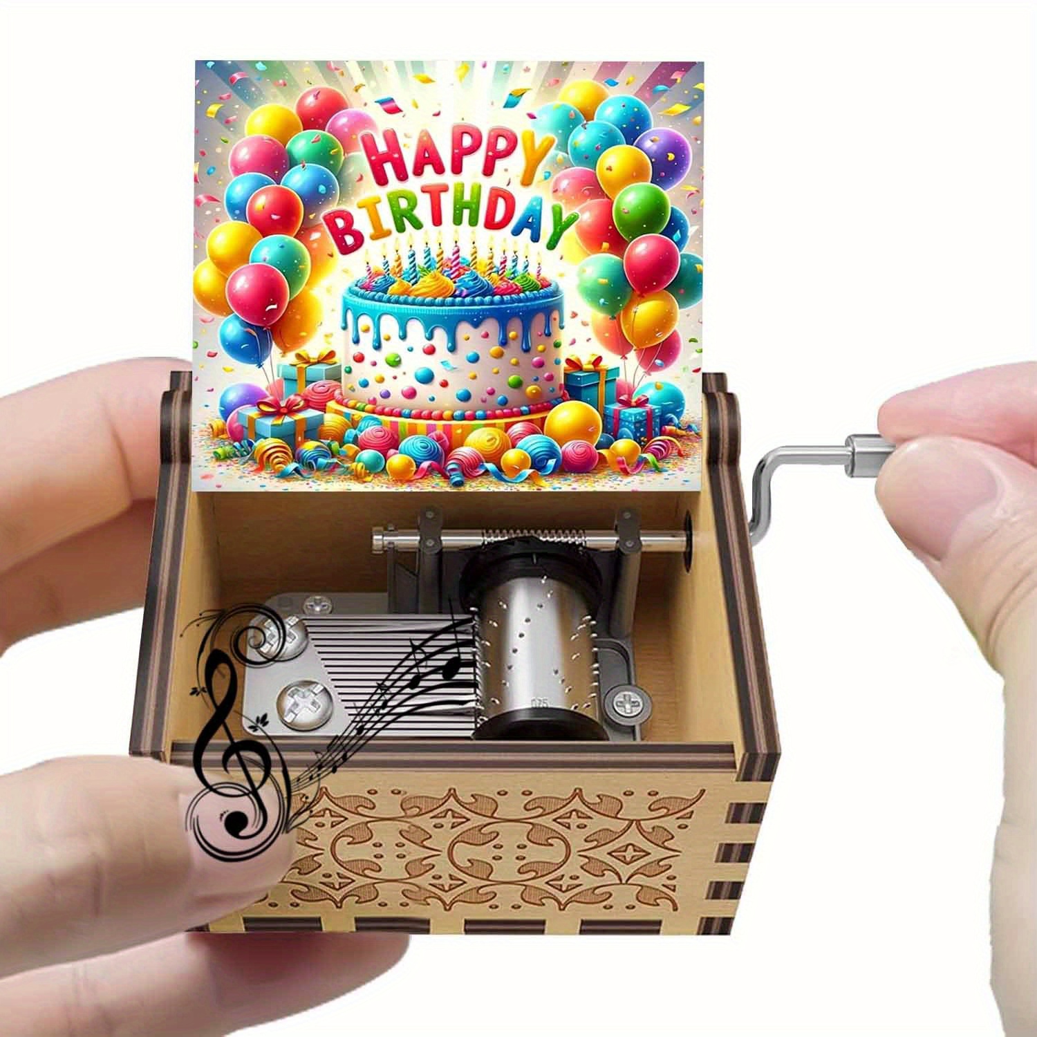 TEMU Colorful Birthday Cake Hand-cranked Music Box, Hand-cranked Playing Happy Birthday Song, Cake Balloon Print, Vibrant Colors, Pleasant Sound,