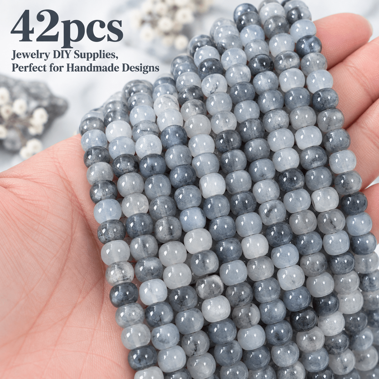 TEMU 42 Stück Eisgebrochene Graue Achat Perlen mit Löchern, 6 x 4 mm Dekorative Perlen, Handgefertigte Designmaterialien, Deko Zubehör, Geeignet für
