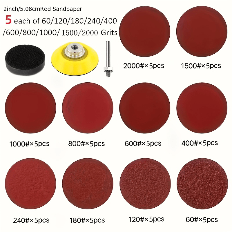 E-shop 53-tlg. 2-Zoll-Oxid-Schleifpapier-Set – Körnung 60-2000, mit Adapter für elektrisches Rotationswerkzeug, langlebiges Polierset für Zuhause,