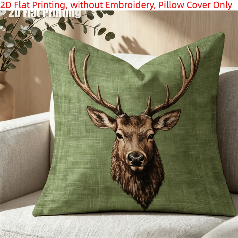 TEMU 1pc, 2d Flat Printing, Vintage Deer Head With Antlers Pattern Pillow Cover, Single-sided Printing, Without Embroidery, Pillow Inserts Not