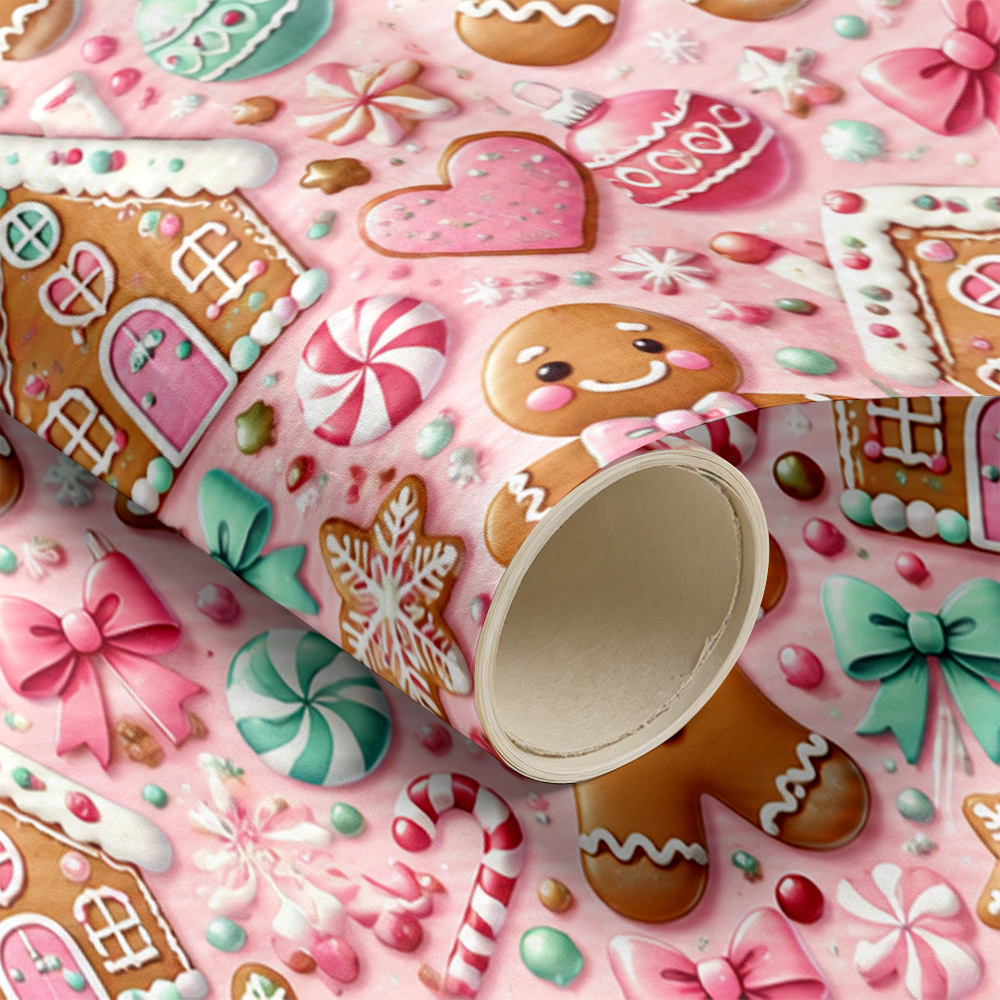 TEMU 1 Rolle 50X300Cm (19.7X118.1In) Geschenkpapier/Blumenstrauß-Papier Rosa Lebkuchen Keks Zuckerstange Weihnachtsmuster zum Geschenkeverpacken,