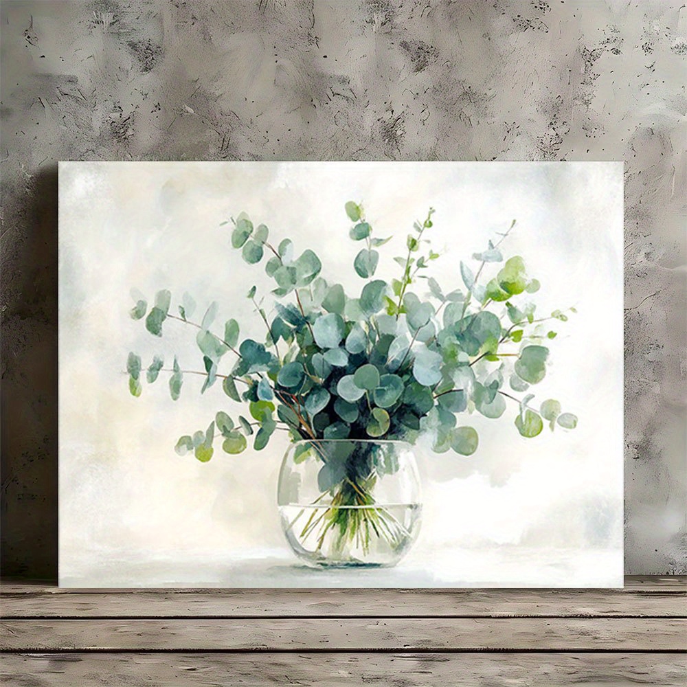 TEMU 1pc Eucalyptus Bouquet In Glass Vase Canvas Art - Soft Pastel Watercolor, Ready-to-hang Wooden Frame Wall Decor For Living Room, Bathroom,