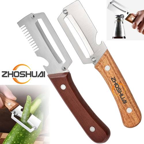 2-tlg. robustes edelstahl-schäler- -set für obst gemüse, ausgestattet mit frühlingszwiebel r. multifunktionale küchenhelfer mit gerader ergonomischem design, premium-gemüseschäler mit holzgriff flaschenöffner