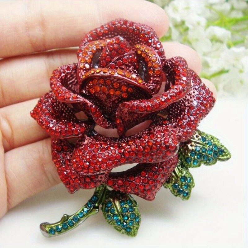 elegant red zirconia crystal rose flower brooch pin women - Temu Elegant Red Floral Brooch main image 0