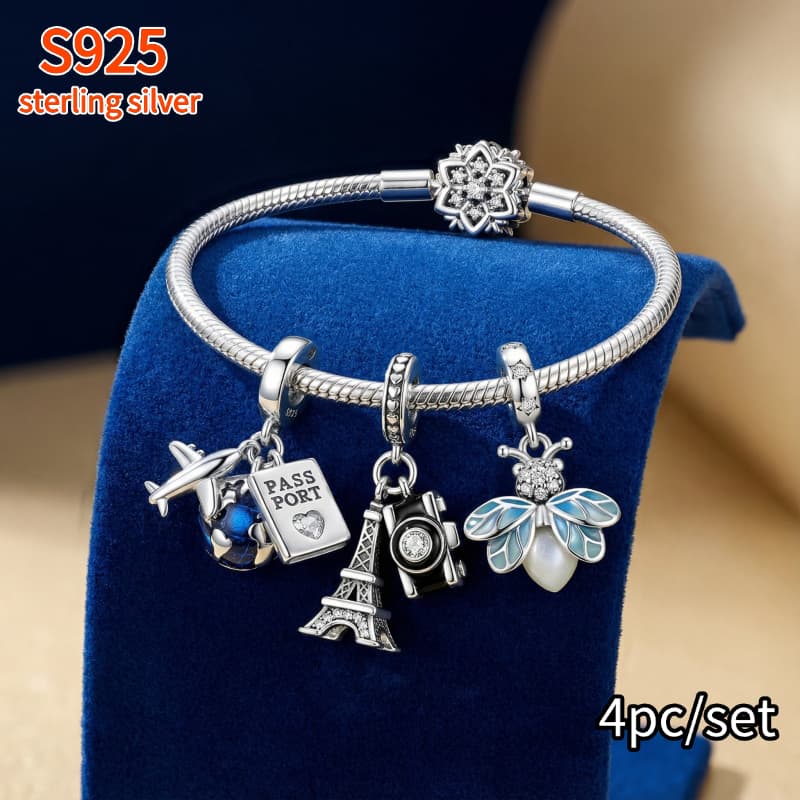 Image of 4pcs 925 Sterling Silver Airplane Earth Passport Tower Firefly Charm Beads Women's Fashion Suitable Bracelet Necklace Engagement Birthday Gift
