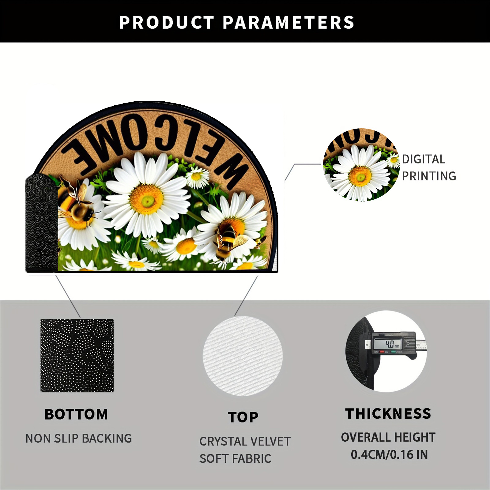 Welcome Bees & Floral Design Non-Slip Semi-Circular Door Mat - Durable 100% Polyester Entrance Mat for Farmhouse, Patio, Laundry, Kitchen, Yard Decor - Stylish Home Accent, Multiple Sizes Available, Outdoor Mat Front Door, Patio Doormat, Natureinspired Doormat, Highquality Doormat, Decorative Doormat, Housewarming Gift