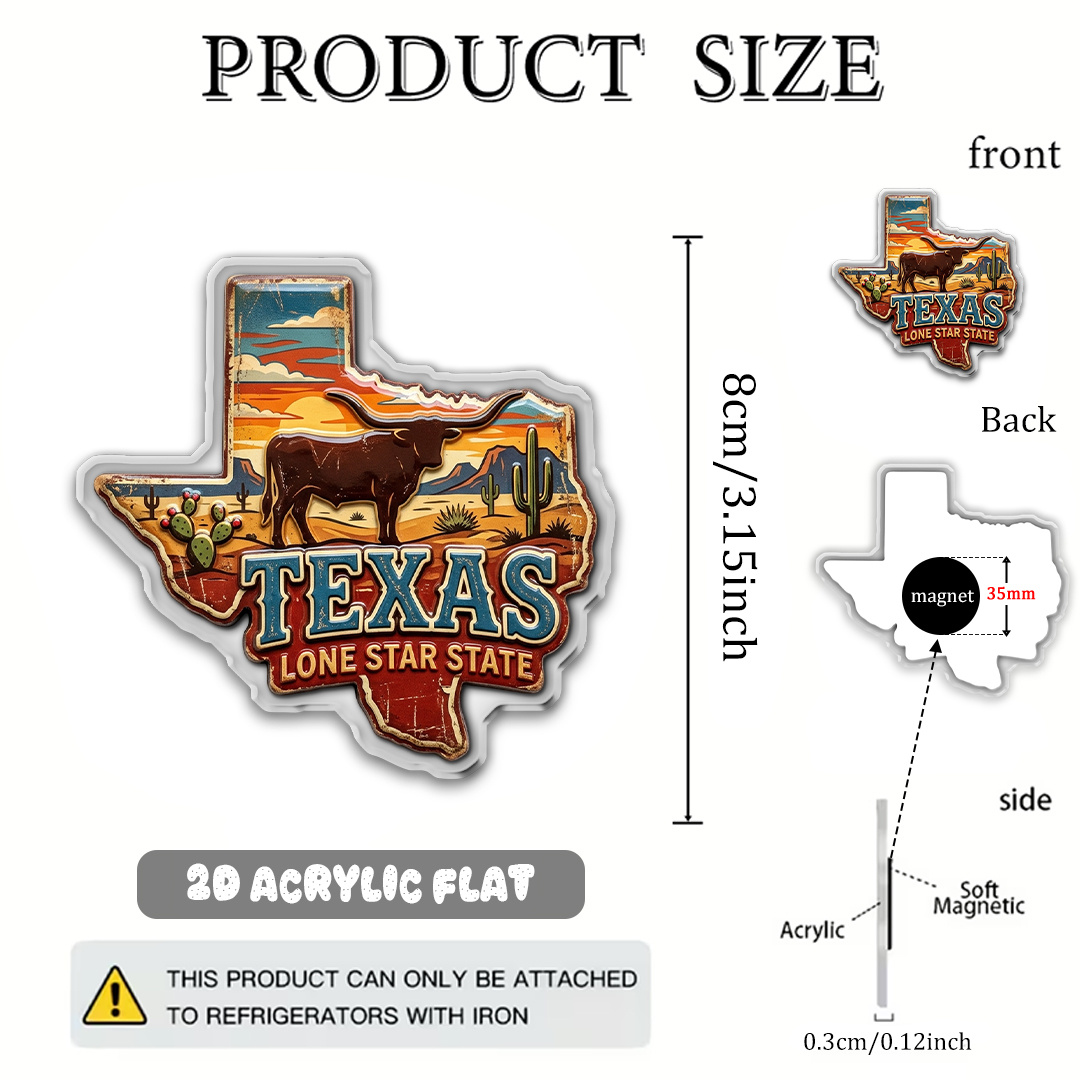 TEMU Imán de nevera magnético de 1 pieza con temática de Texas, adecuado para decoración del hogar, cocina y oficina, decoración rectangular acrílica