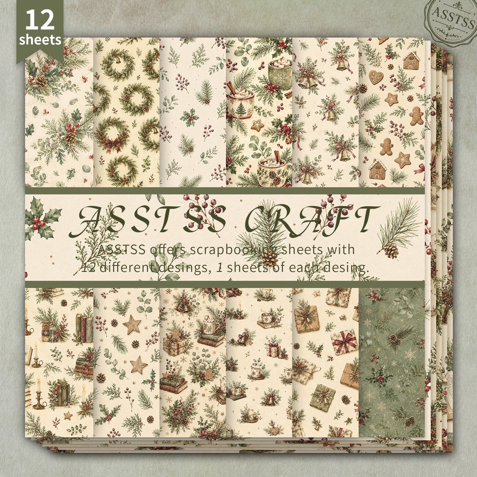 TEMU Bloc de papier de scrapbooking ASSTSS 12 feuilles 6*6 pouces, papier de support style cadeau homme pain d'épices avec couronne de Noël vintage