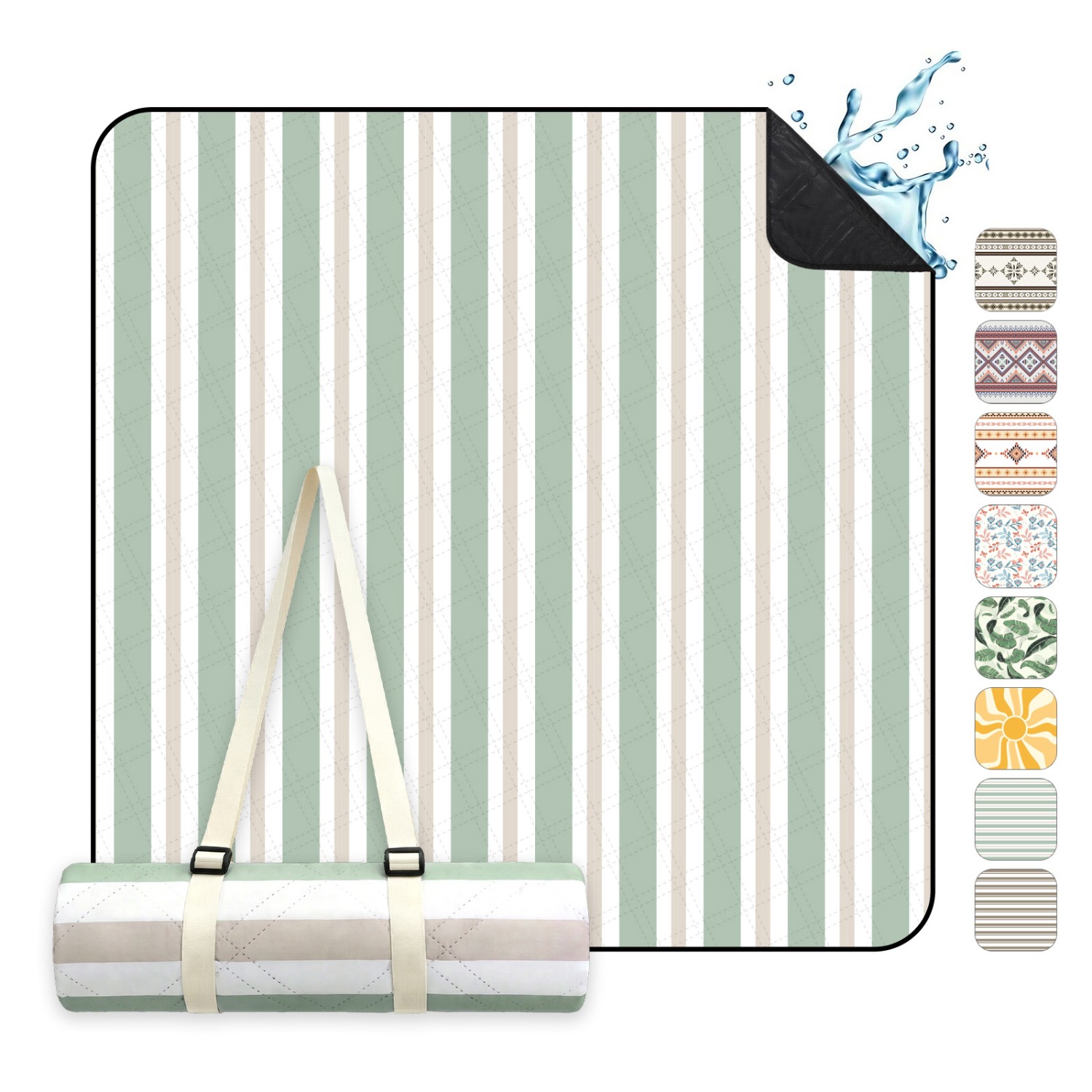 E-shop Große Picknickdecke 200x200cm, sanddichte Stranddecke – 3-Schichten-Struktur mit Tragegurt, gepolstert & bequem, mit Bindegurt & Tragegriff –