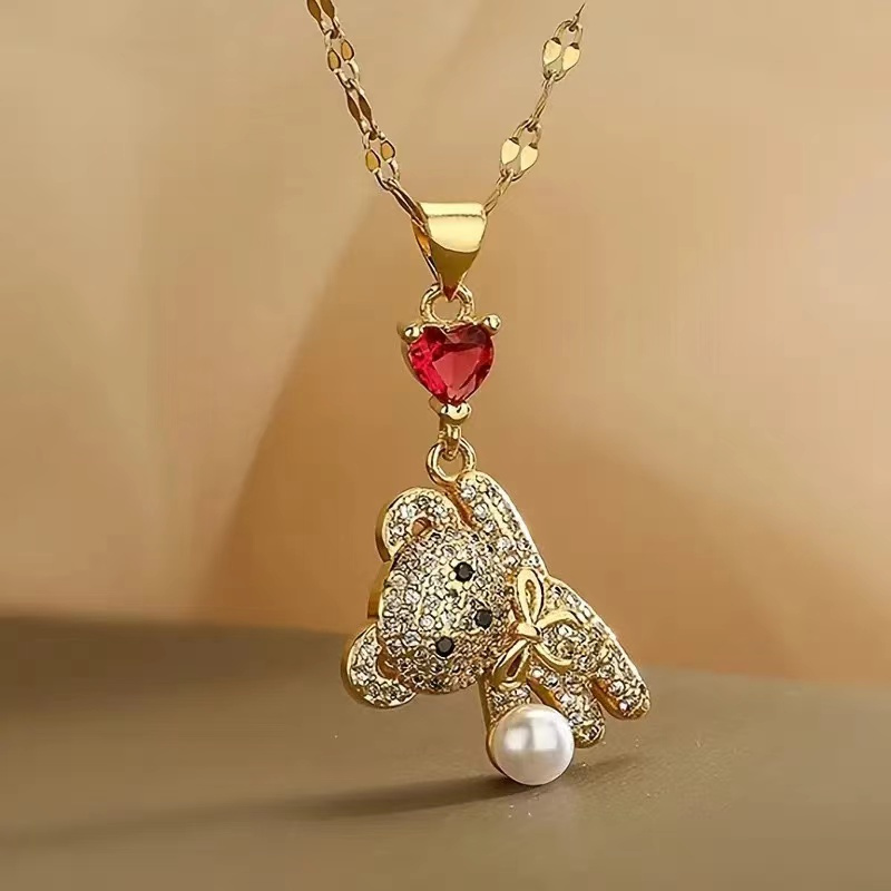 E-shop Liebesballon-Bär-Anhänger Halskette für Damen – Kupfer, Synthetischer Zirkonia, Edelstahlkette – Eleganter Schmuck – Trendiges Accessoire 2025