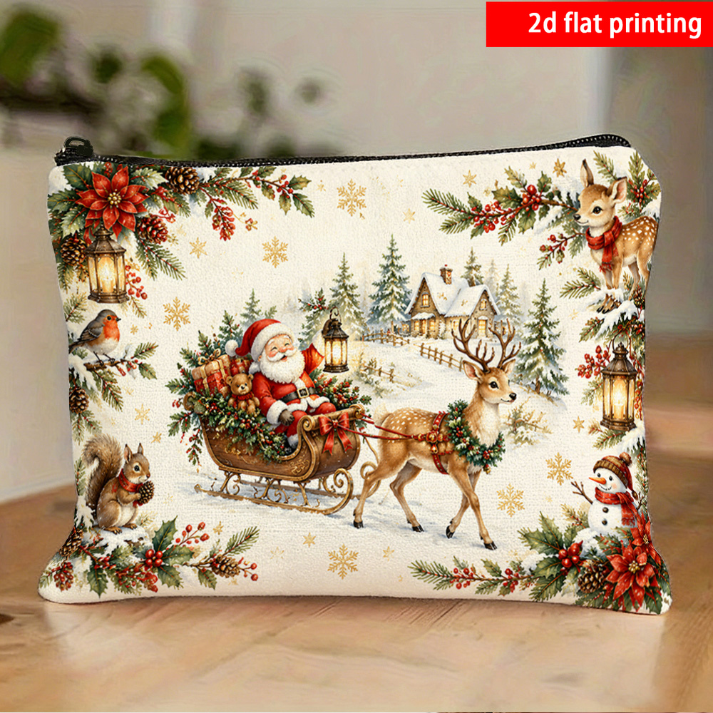 TEMU 1 pièce Trousse de maquillage de Noël - Pochette à fermeture éclair avec imprimé traîneau du Père Noël, , écureuil, cardinal, chalet, couronne,