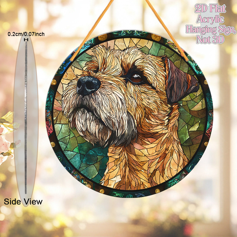 TEMU 2d Flat Circular Acrylic Decorative Hanging Sign Window Ornament Sun Catcher, Featuring A Circular Artistic Pattern Of A Border Terrier, With