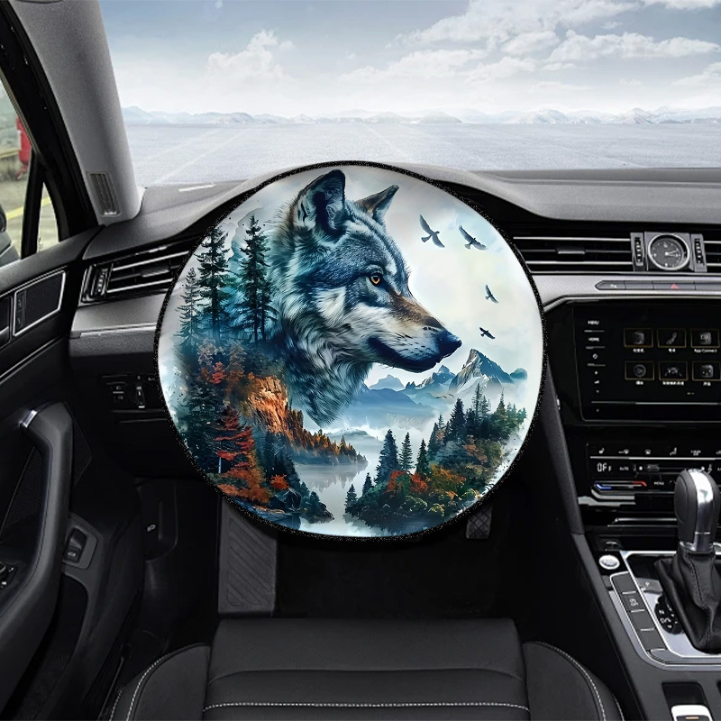 TEMU 1pc Pare-soleil Rond pour Volant de Voiture Imprimé Motif et Paysage de Forêt de Montagne, Décoration Intérieure de Voiture, Installation