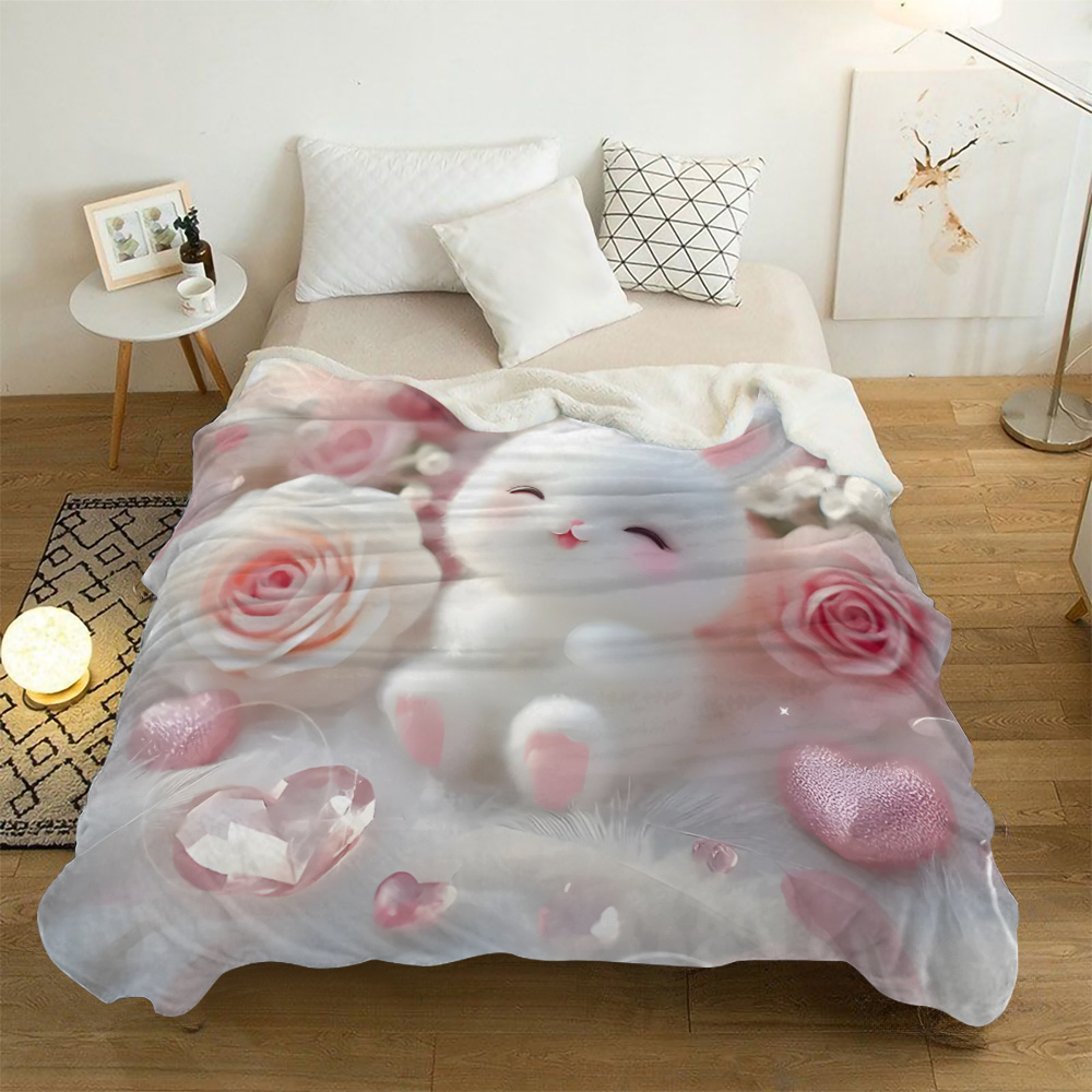 Soft Pink Rabbit Pattern Printed Portable Blanket for Travel