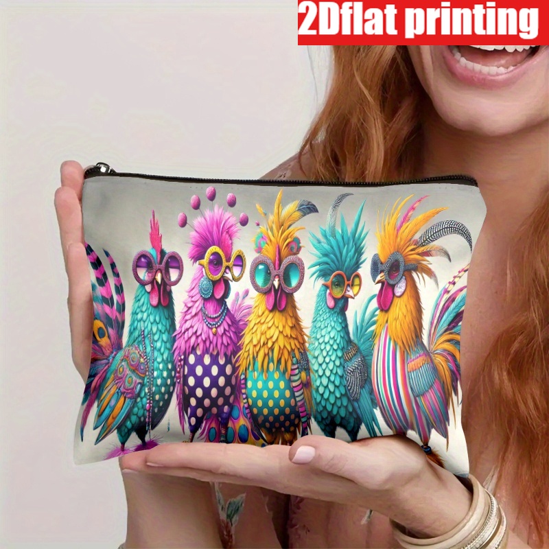 TEMU 2d Flat Printed 1pc Modern Fashionable Colorful Chicken Flock Pattern Makeup Bag, Lightweight Zippered Stylish Design Toiletry Bag, Suitable For