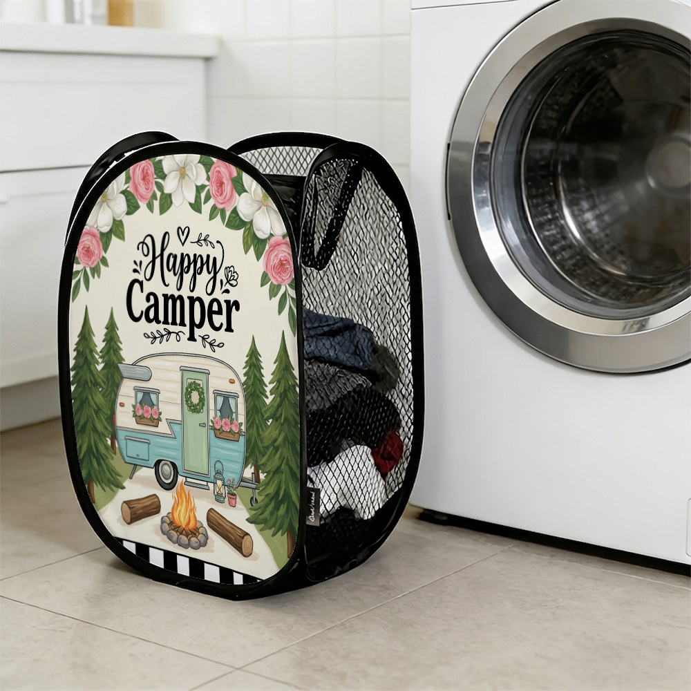 TEMU 1pc Floral Rustic Outdoors Graphic 3 Sizes Pop-up Mesh Laundry Basket Foldable Collapsible Hamper With Handles, Breathable Clothes Organizer For
