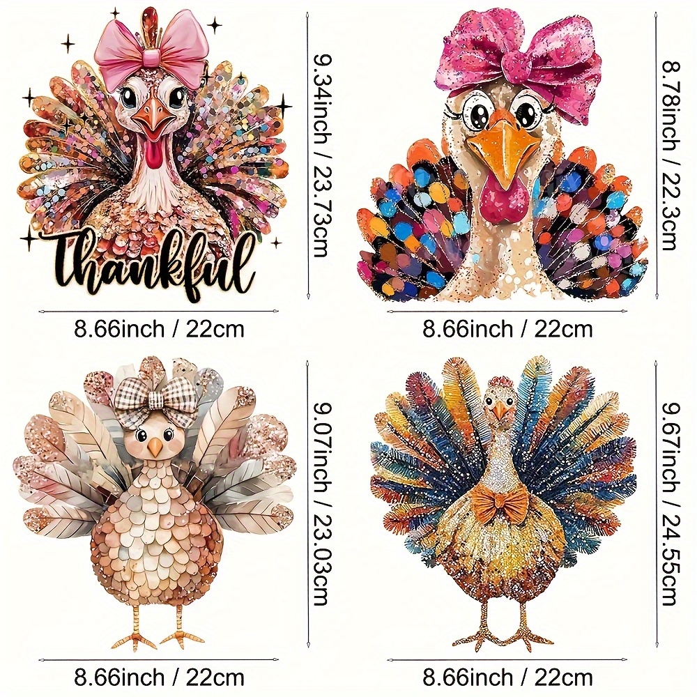 TEMU 4pcs Thanksgiving Turkey And Sequin Feather Iron-on Transfer Stickers Set - Diy Vinyl Decals For T-shirts, Jeans, Masks, Backpacks