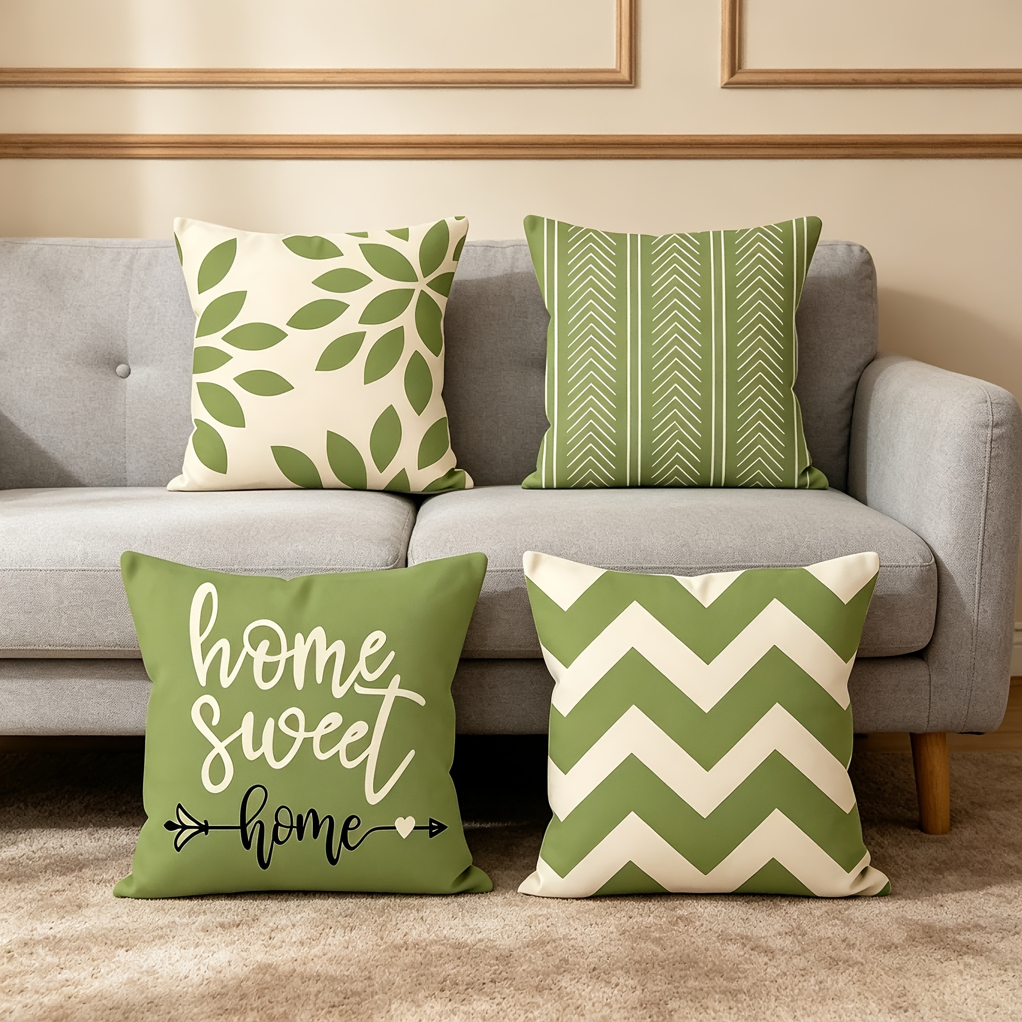 TEMU Lot de 4 taies d'oreiller à impression 2D à plat avec motif de feuille verte et de flèche, pas de broderie, et style décoratif, housses de