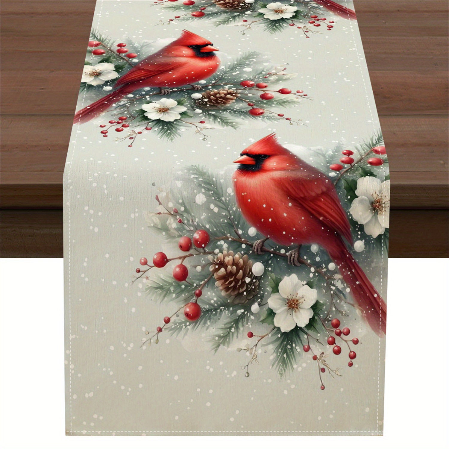 TEMU A Single Piece Of Polka Dot Floral Pine Branch With Pine Cones And Berries, Featuring A Red Bird, Perfect For Christmas Table Runners Suitable