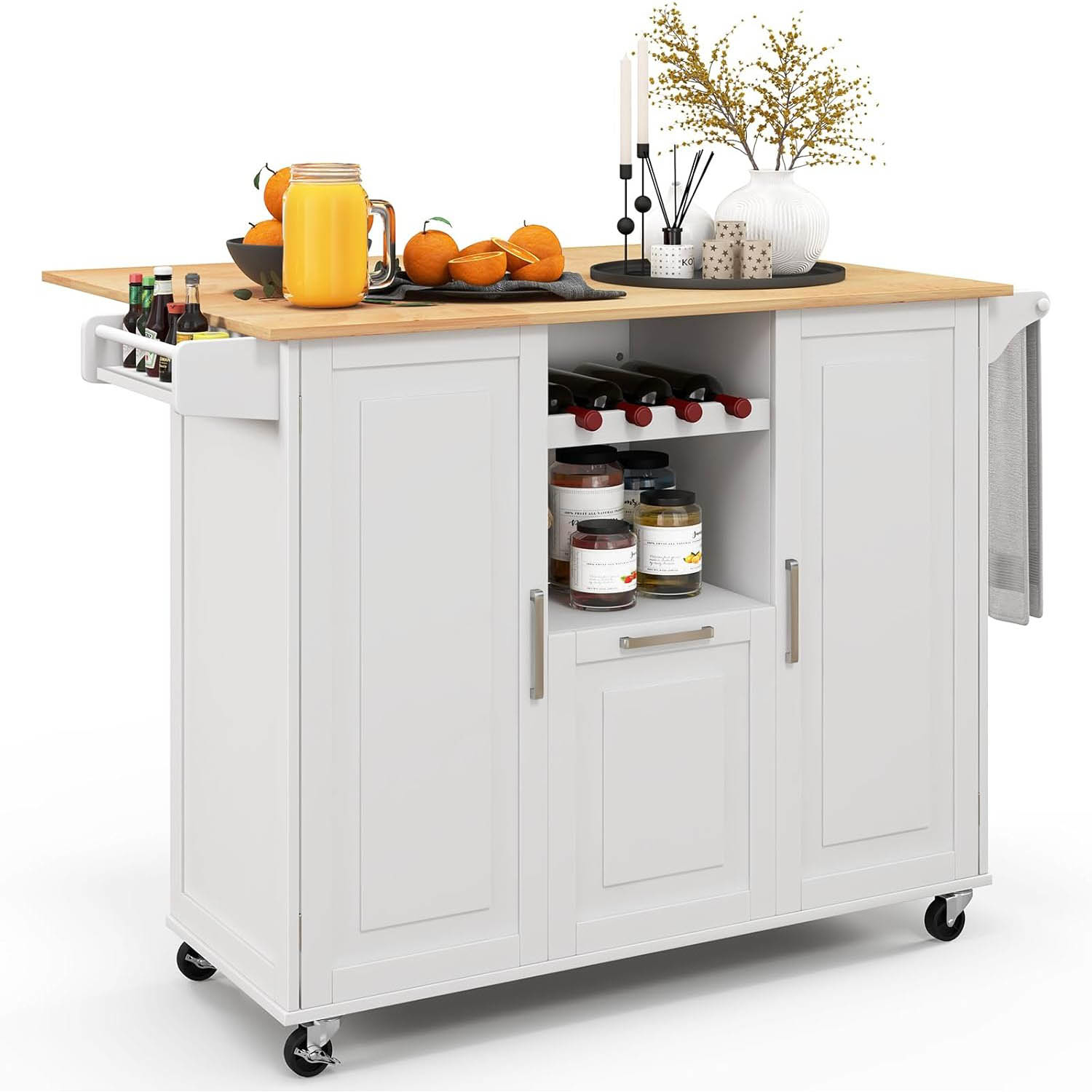 Rolling Kitchen Island Cart, Large Kitchen Island W/ Drop-leaf Countertop & 4 Rotatable Casters, Kitchen Trolley Cart With Deep Drawer, Open Wine Bottle Rack & Towel Bar, White