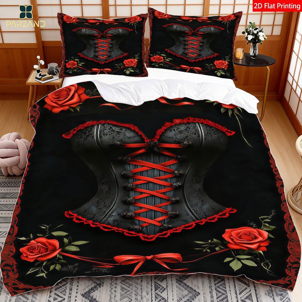 TEMU 2/3pcs Of 2d Flat Printed Red Corset Design For Bedroom Decoration Bedding Including Quilt Cover And Pillowcases (1 Duvet Cover   1/2