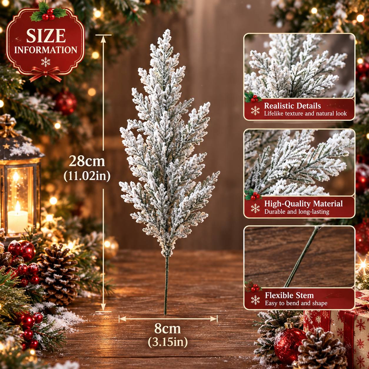 TEMU 10 pièces Branches artificielles de pin et de cèdre enneigées, feuillage d'hiver de Noël pour couronnes, guirlandes, artisanat, fêtes d'année et