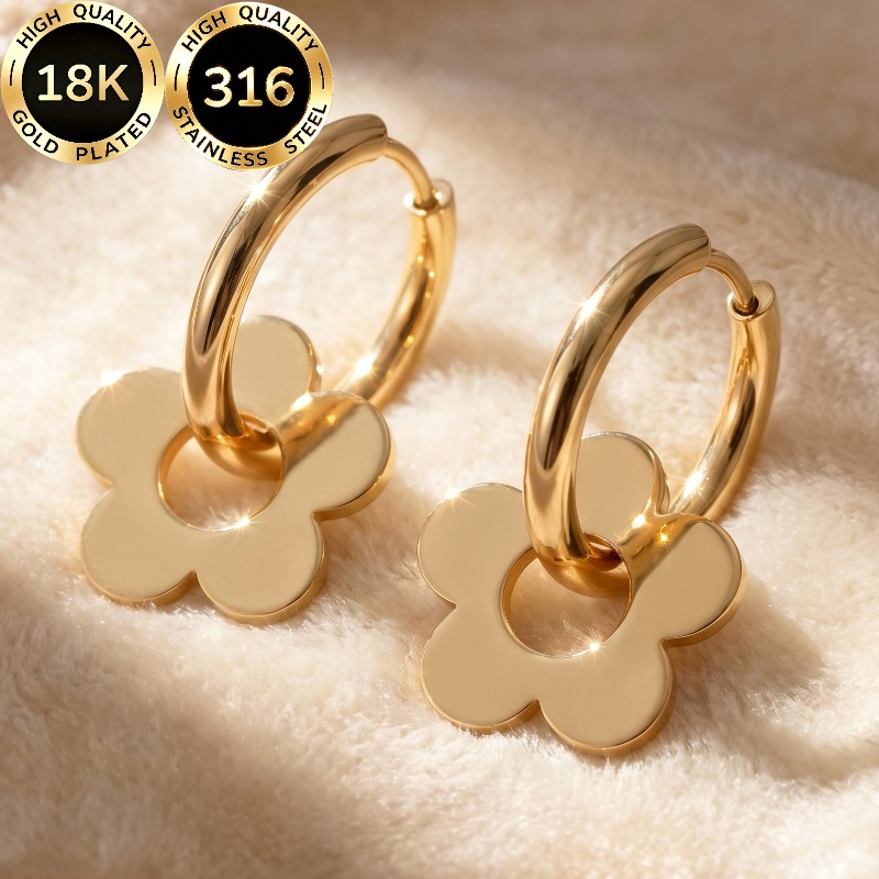 TEMU 1 Pair High-quality Steel 18k Golden Plated Hypoallergenic Facial Contouring Light Luxury Elegant Temperament Flower Petal Clover Grass Round