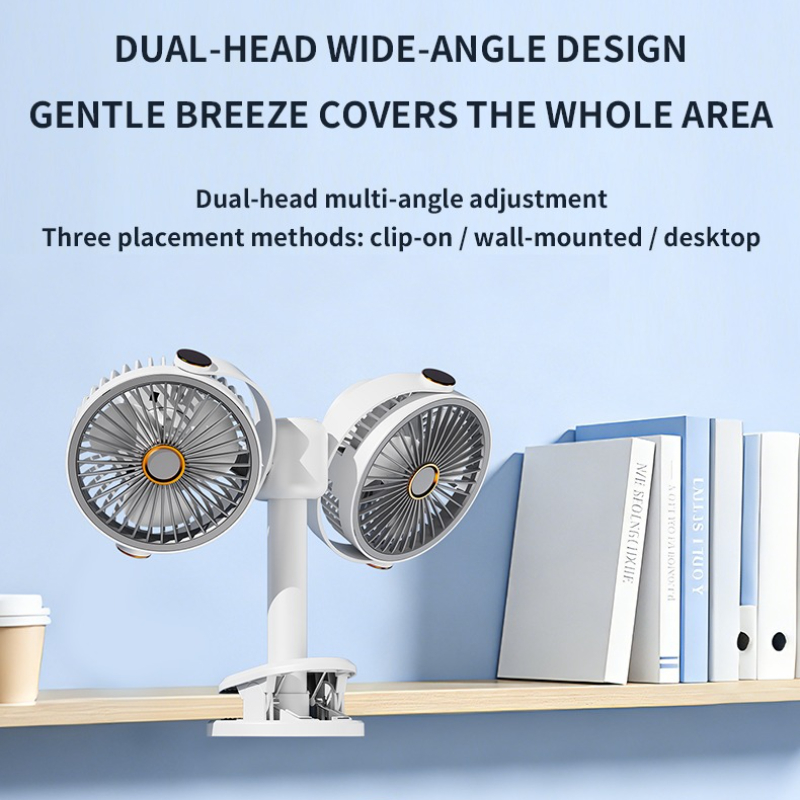 A Dual-Head Fan with Independent Control That Can Be Clipped, Hung, Stood, Or Suspended, Featuring Five Speed Settings That Can Be Switched with a Single Button. It Makes a Perfect Gift for Family, Friends, And Colleagues, Suitable for Housewarming