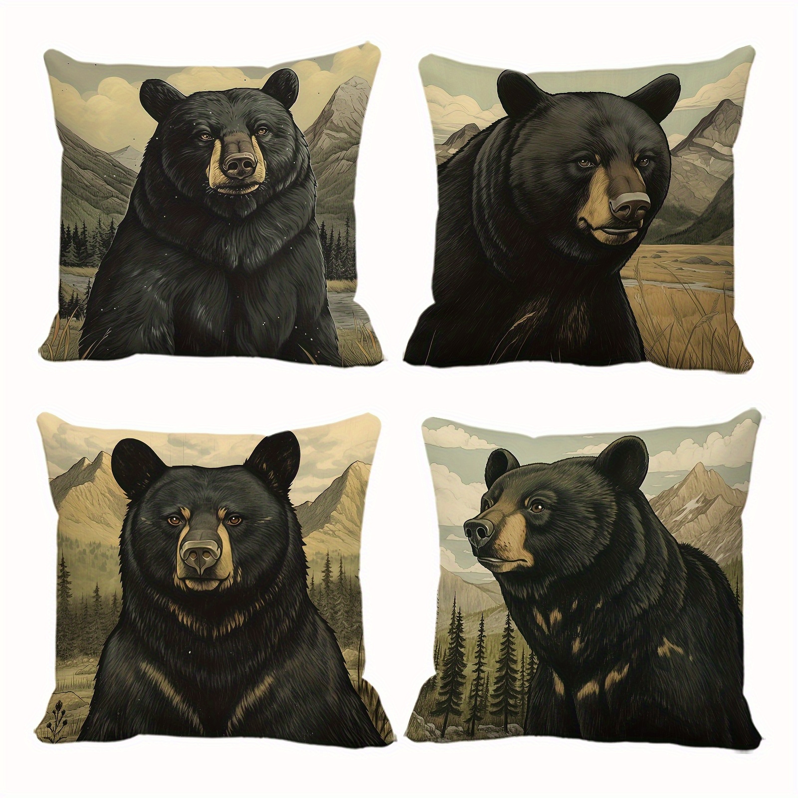 TEMU 4pcs Pillowcase Set Featuring Bear In A Forest Scenery Design, Perfect For Party Decoration And Home Decor. Ideal For Sofas, Living Rooms, And