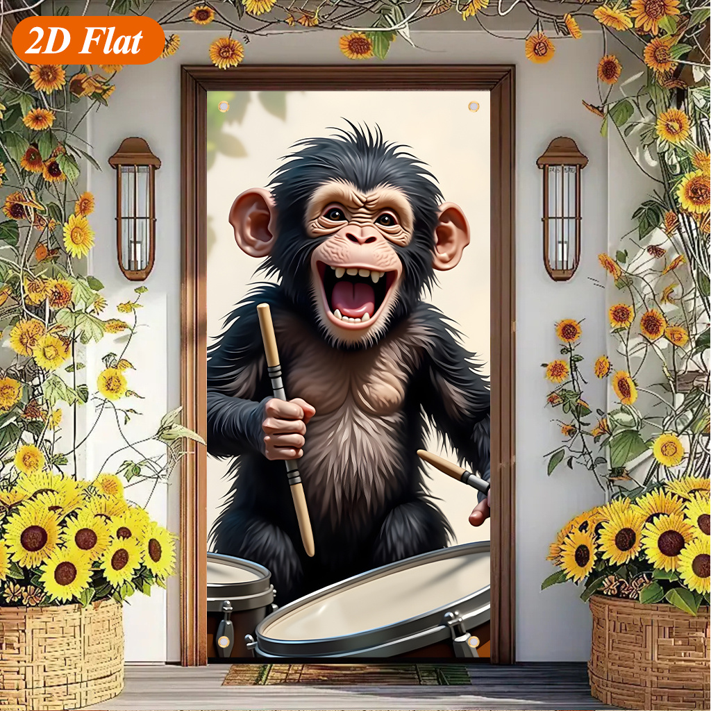 TEMU 2d Flat, 2d Flat - 2d Door Banner 2d Flat, 2d Flat - 2d Door Banner 2d Flat Banner Door Curtain, Monkey Playing Drums Pattern, Fiber Material,