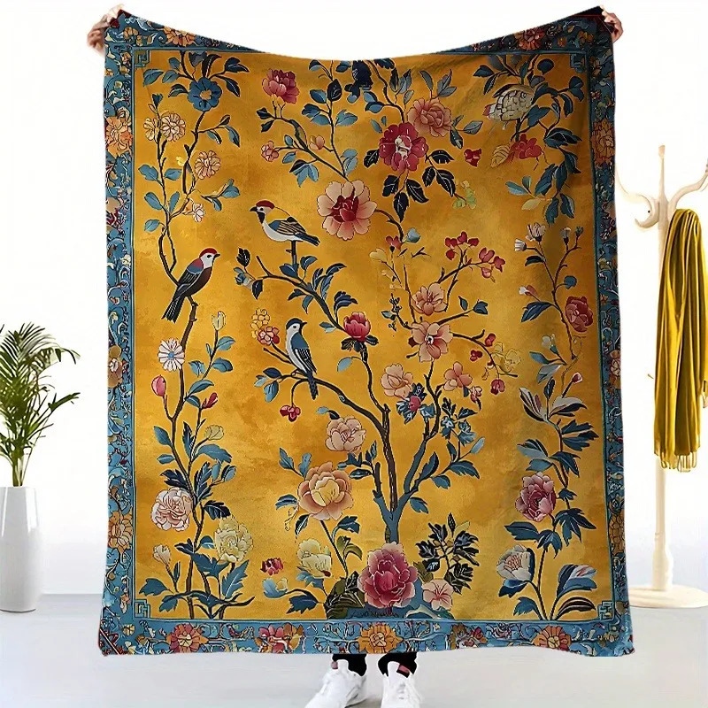 TEMU Couverture de Luxe Bohème en Flanelle Blanche Velours - Couverture Douce et Chaude Toute en Velours Épais avec Motif Floral et Oiseaux en Or et
