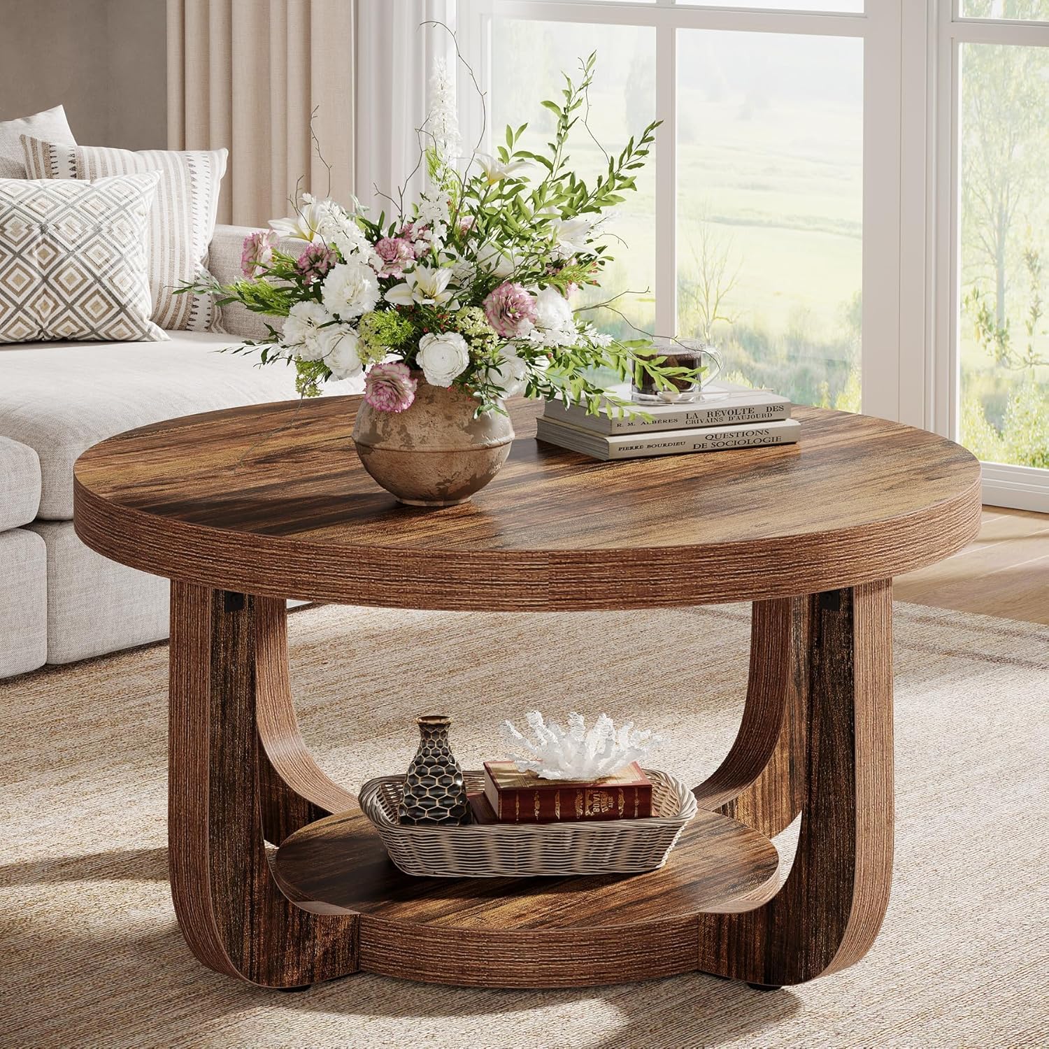 TEMU Table Basse Ronde avec Rangement à 2 Niveaux - Style Ferme Moderne en Bois Rustique, Plateau et Base Épais, Montage Facile, Table Circulaire