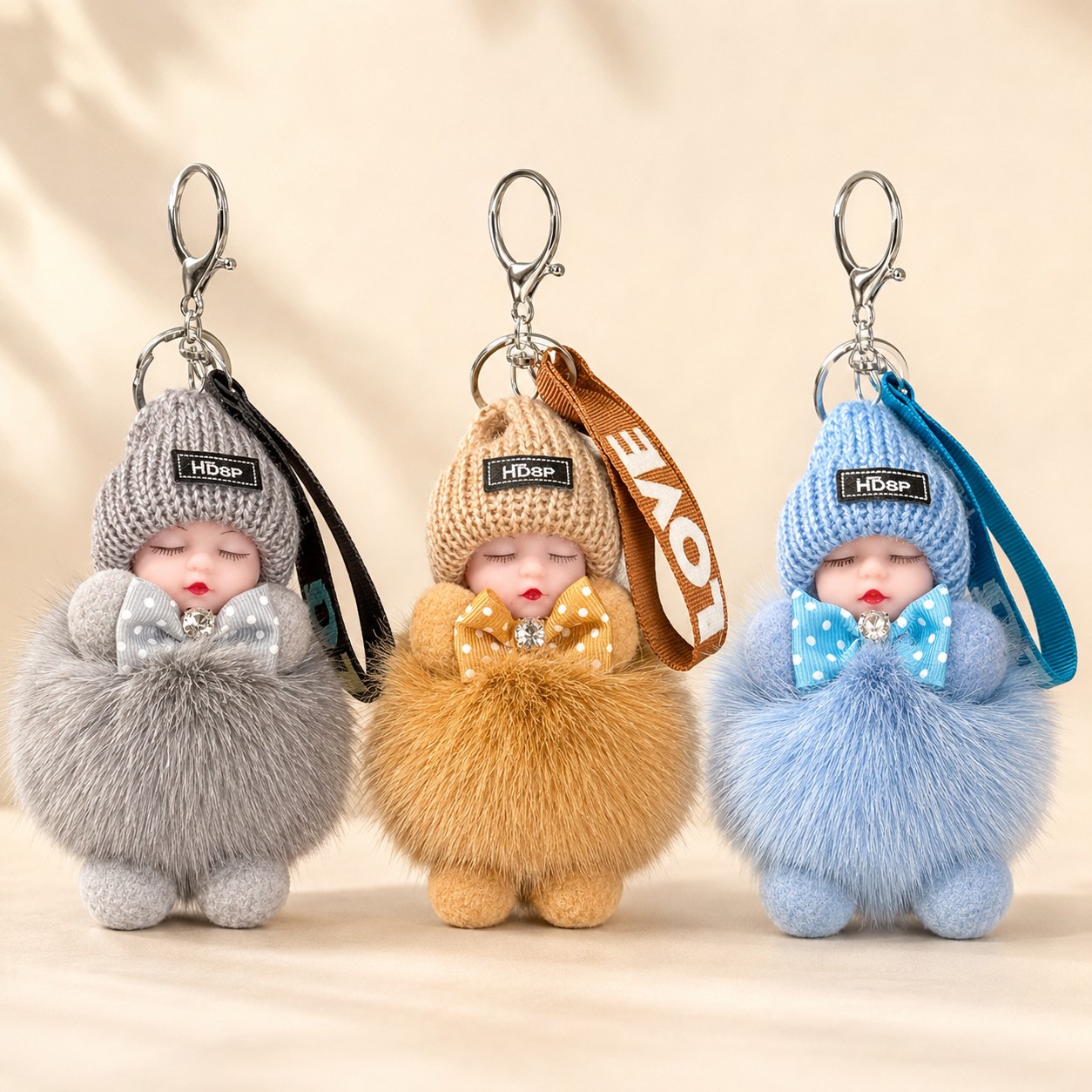 TEMU 3 Cute Doll Keychains, Bag Charms Decorated With Knit Hats And Polka Dot Bows; Fluffy Plush Doll Keyrings Suitable For Car Keys, Backpacks And