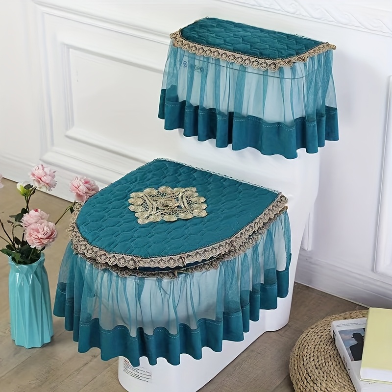 Toilet Seat Cover 3pcs Set, Universal Large Size, Lace Trim Fabric, Use, Zippered Toilet Mat, Fits Lengths 45cm
