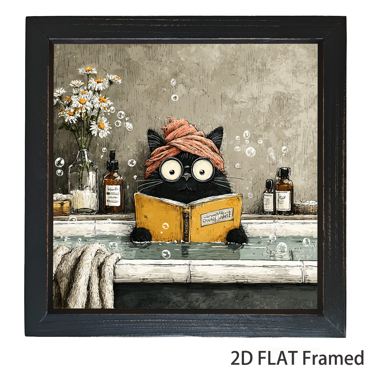E-shop 2D Flach, 20,32x20,32cm Gerahmte Schwarze Katze Badezimmer Wandkunst - Rustikaler Holzrahmen, Verspielte Katze liest ein Buch mit Blasen, für