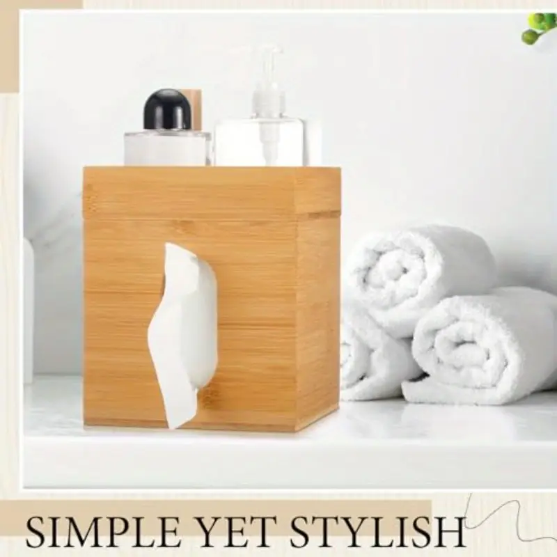 natural bamboo tissue box cover with removable storage tray decorative cube organizer with vertical slats design fits standard 6x6 tissues rustic modern holder for bathroom bedroom saving storage 7 4 h Product details 5