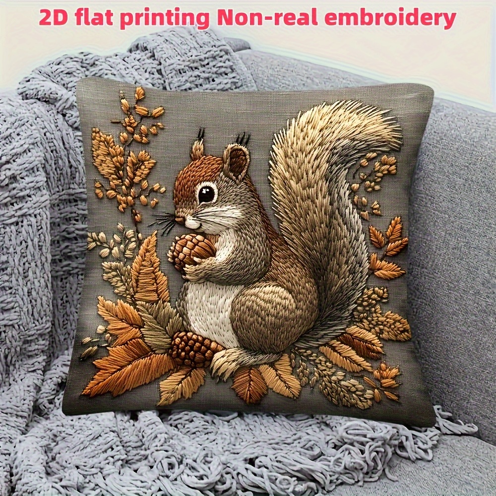 TEMU 1pc 2d Flat Printed Pattern Decorative Pillowcase, Embroidery, 18x18inch, Short Plush Polyester Fiber, Machine Washable, Zipper Closure, Home