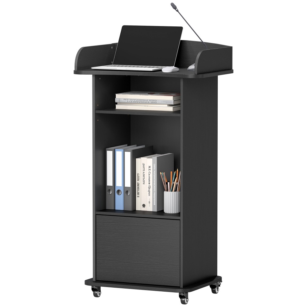 Image of Mobile Wooden Podium Lectern With Storage Cabinet & 360° Rolling Casters, Portable Presentation Pulpit Desk For Classroom Church Office Conference Hotel
