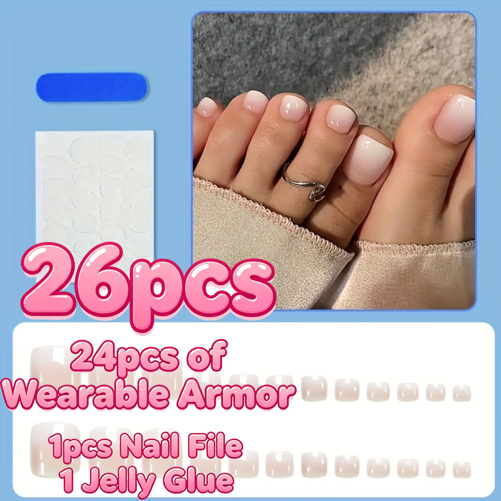 TEMU 26 pezzi (24 pezzi di indossabile e 1 lima per unghie e gelatinosa) Eleganti extension per unghie dei piedi nude rosa con design sfumato e punta