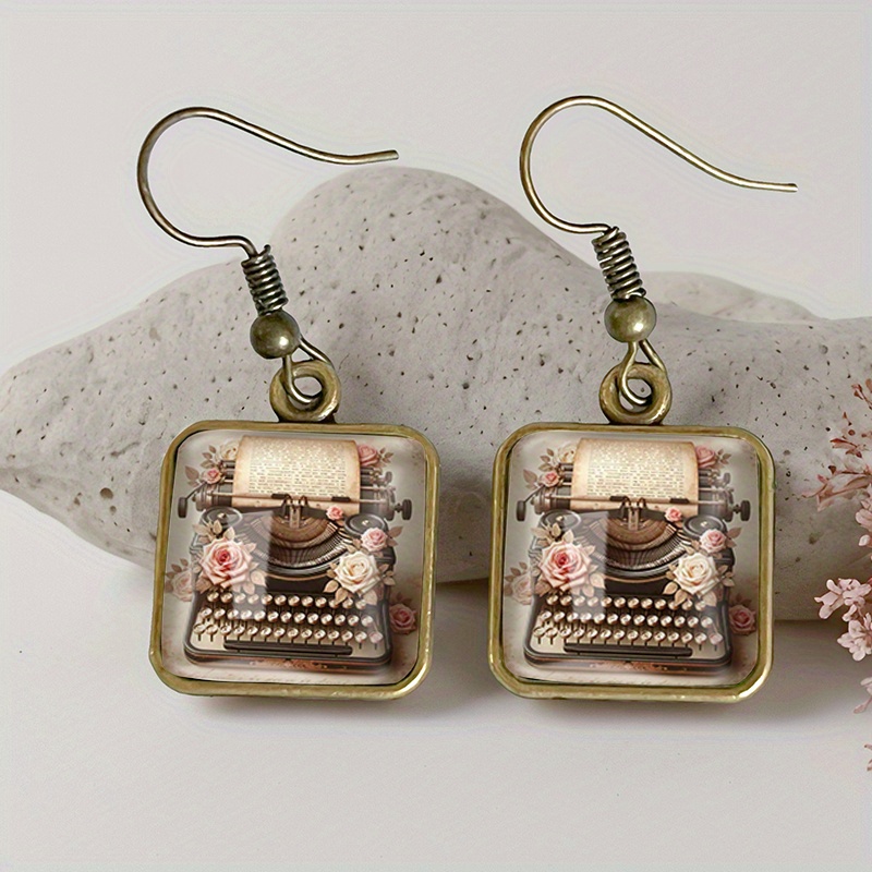 TEMU 1 Pair Floral Typewriter Square Earring Glass Dangle Earrings Handmade Jewelry Gift