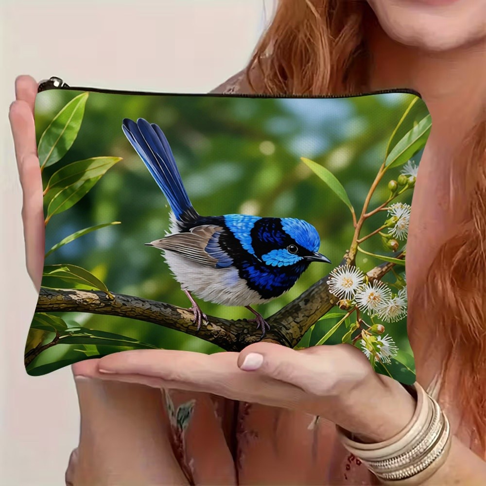 TEMU Vivid Superb Fairywren Print Makeup Bag, Durable Polyester Toiletry Organizer, 22cm X 15cm / 8.7in X 5.9in Mixed Color Portable Pouch, Daily