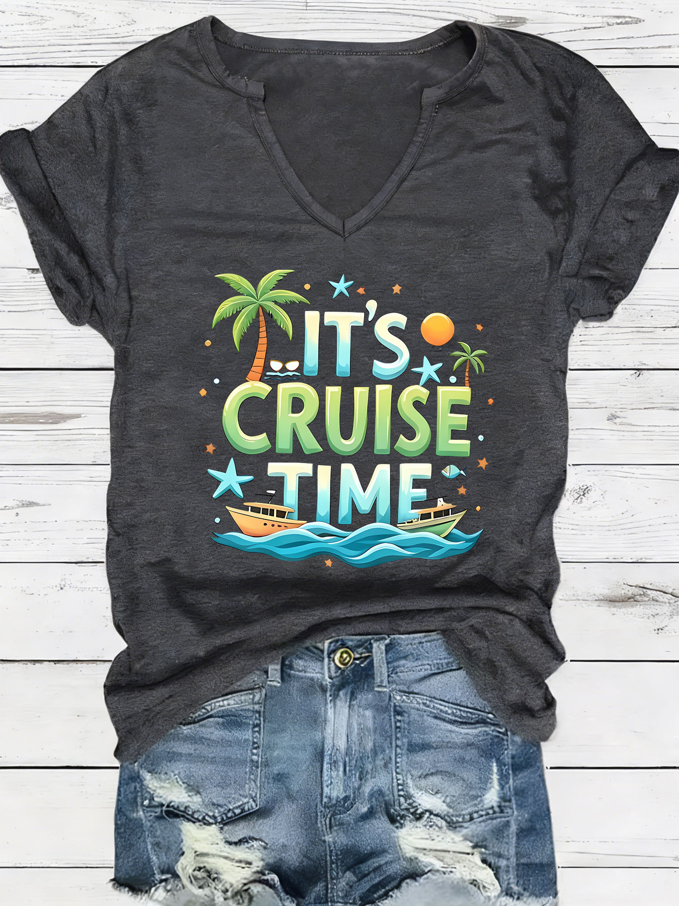 item picture   collar printed blouse with seaside coconut tree cruise pattern summer casual wear blouse   style v neck long sleeved ladys t shirt womens t shirt