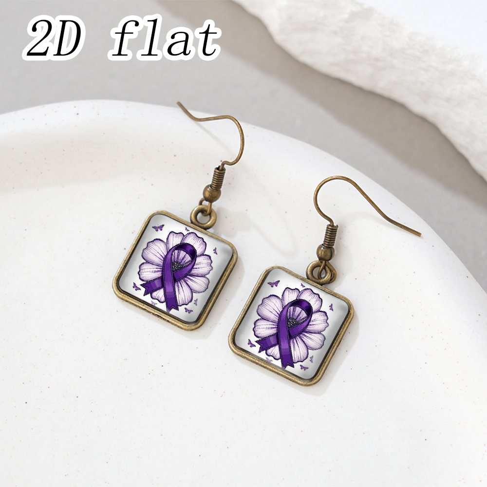 Square Earrings with Purple Awareness Ribbon Flower Butterfly Pattern