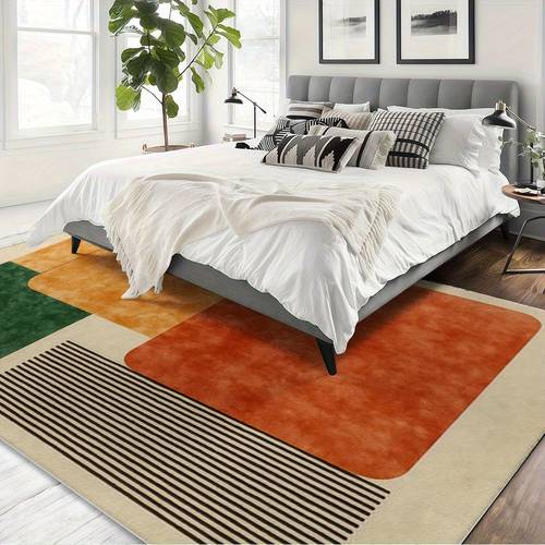 machine washable living room rug with a geometric featuring contrasting orange green and brown stripes easy to for living room bedroom or office decor rug with orange green and brown stripes