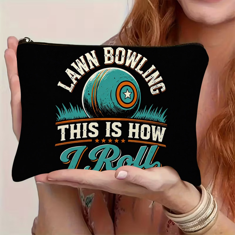 TEMU 1pc 2d Flat Printed Cosmetic Bag With Retro Vintage Lawn Bowling Themed Pattern, Featuring Zipper Closure, Lightweight And Durable Portable