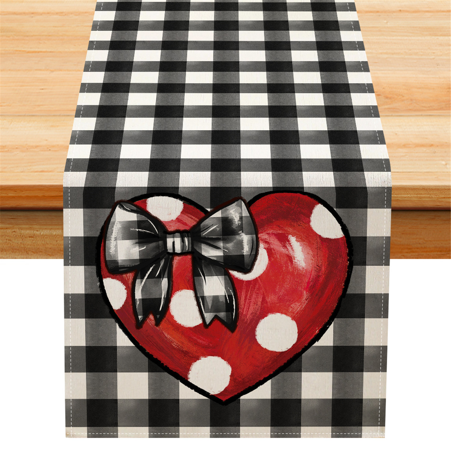 

1pc Valentine's Day Table Runner - Polyester Woven Rectangular Table Decor With Dot Love , Buffalo Check For Decoration