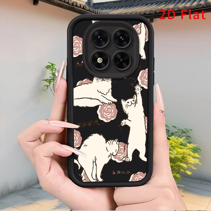 redmi k90 pro  80 k40 게이밍 노트 15 pro+ 5g 14 13 12 11 5g용 휴대폰 케이스-2d 평면, 긴 털 고양이가 낮잠 자고 하품하며 스트레칭하는 패턴과 장미 액센트가 있는 슬림 보호 커버, 휴대폰용 내구성 있는 미끄럼 방지 프린팅 뒷면, 2d 평면
