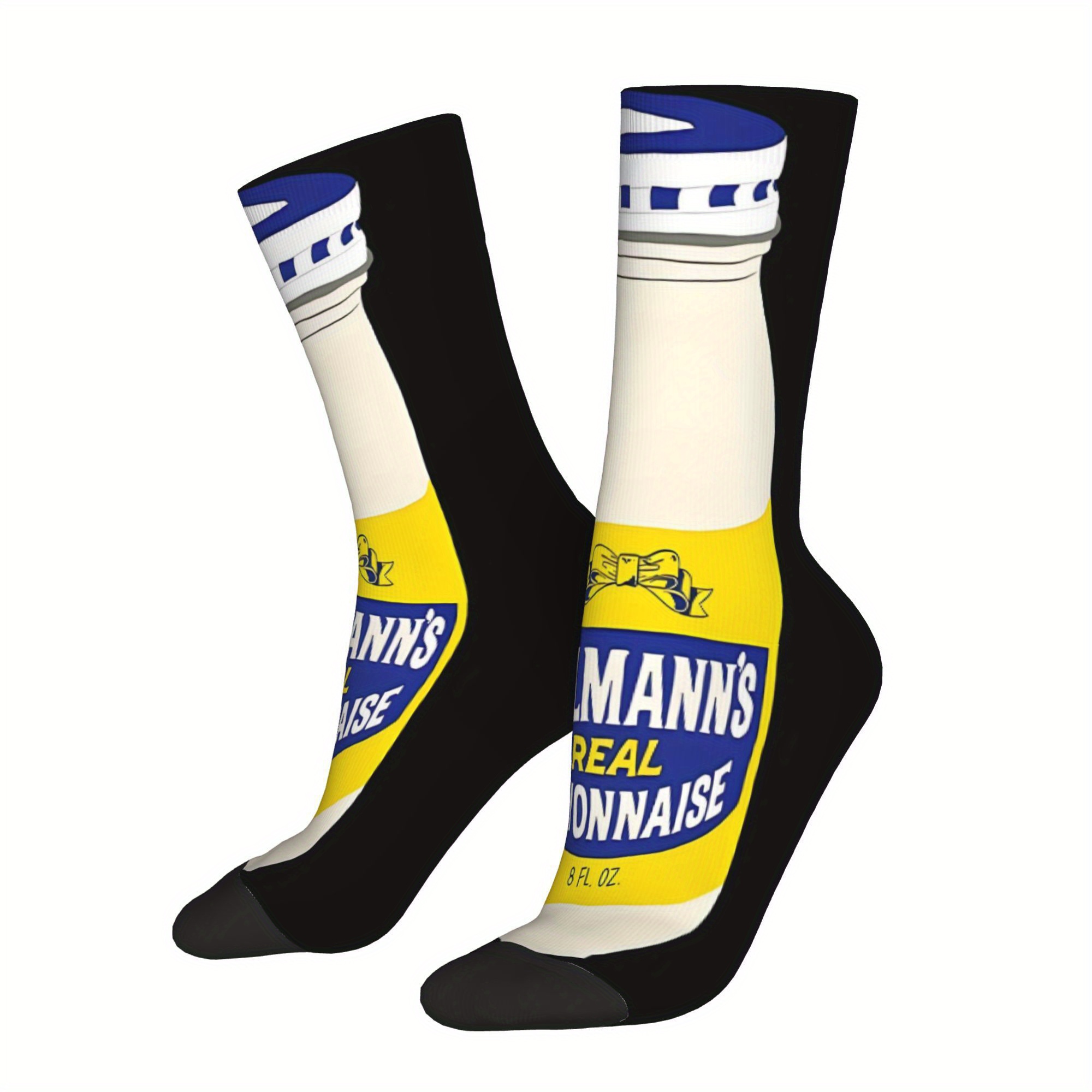 TEMU Men's Funny Mayonnaise Jar Label Socks, Gym, Workout, Casual Everyday Novelty Gift - Breathable Black Toe & Heel Contrast - Conversation Starter